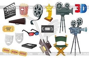 Cinema cartoon icons, movie camera, film reel, - vector clipart