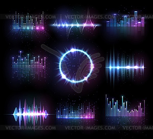 Музыкальные эквалайзеры, набор аудио или радиоволн - рисунок в векторном формате