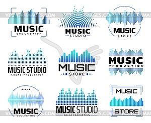 Music icons with equalizers symbols set - vector image