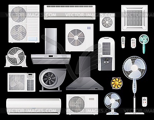 Air conditioners, fans and range hoods icons set - vector clipart