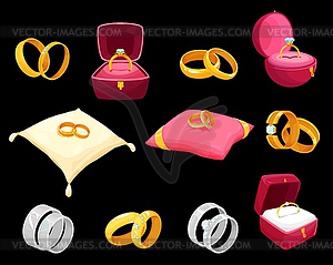 Golden rings in boxes for wedding or engagement - vector image