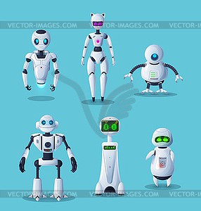 Современные роботы-герои мультяшныйов, технологии искусственного интеллекта - иллюстрация в векторе