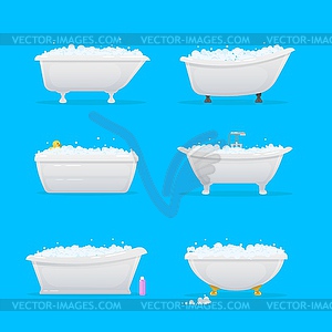 Bathroom bathtubs or tubs with bubbles, cartoon - vector clip art