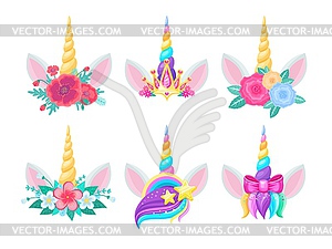 Unicorn heads with horns, flowers and ears - stock vector clipart
