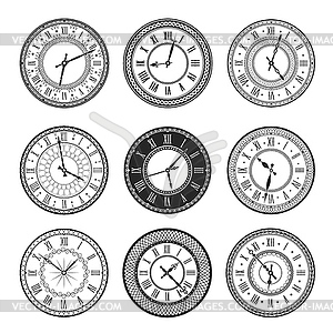 Vintage clock face icons of watch dials - vector clipart