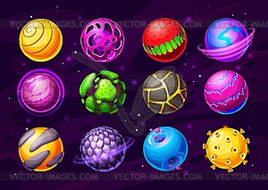 Alien life planets, fantasy space worlds icons - vector clipart