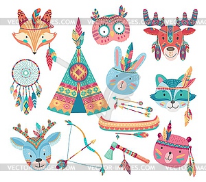 Cute native american or indian animal icons - vector image