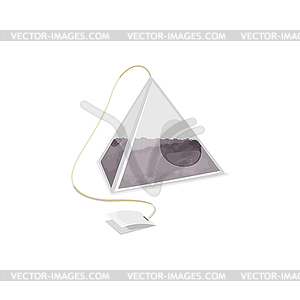 Pyramid tea bag with black tea, blank tag - vector clipart