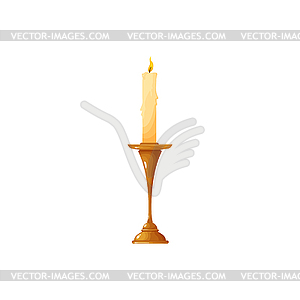 Candle in brass candlestick, bright burning flame - color vector clipart