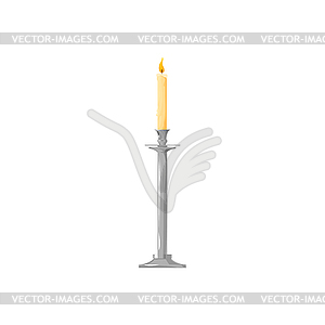 Candle in brass candlestick, bright burning flame - vector image