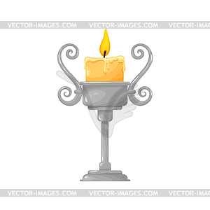 Silver candlestick with swirls, burning wax candle - vector image