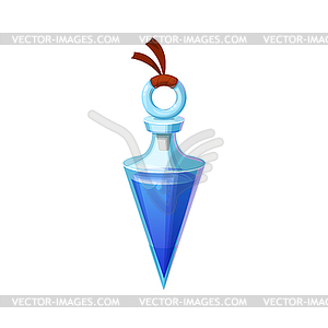 Potion in sharp blue vial, glass bottle with cork - vector clip art