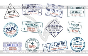 Passport travel stamps with USA city names - vector clip art