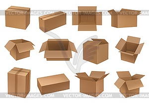 Cardboard box mockups, cargo and parcel packages - vector image