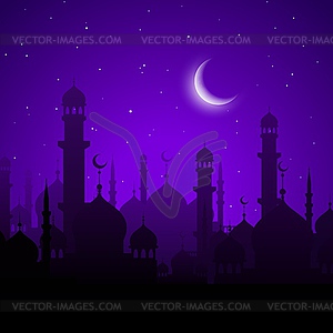 Arabian city, Ramadan Kareem holiday night scene - vector clipart