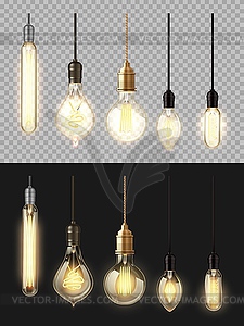 Glowing lamps, filament bulbs set - vector clipart