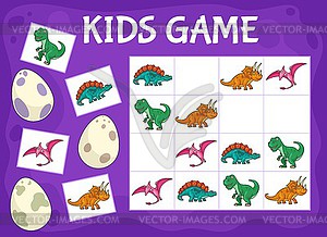 Sudoku kids game, riddle with cartoon dinosaurs - vector clipart