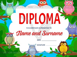 Kids school or kindergarten diploma with owls - vector image