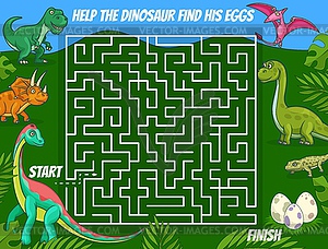 Kids labyrinth maze with cartoon dinosaurs, eggs - vector clipart