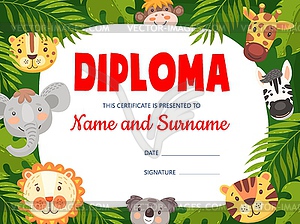 Kids diploma with cute cartoon animals, frame - vector clipart