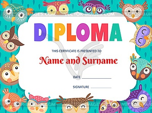 Kids diploma with funny owls and owlets template - vector clipart