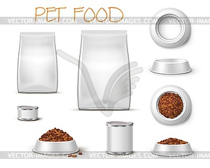 Packaging and feed bowl, pet food realistic mockup - vector image