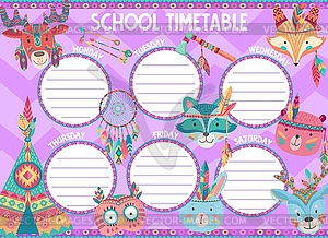 School timetable schedule, cartoon indian animals - vector clipart
