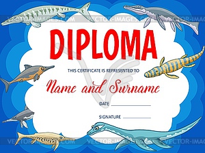 Kids education diploma with underwater dinosaurs - vector image