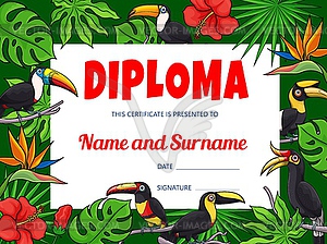 Kids education diploma, toucan birds and jungle - vector image