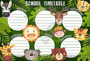 School timetable schedule with funny animals - vector clipart