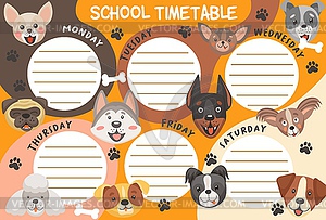 School timetable schedule with dogs and puppies - vector clipart