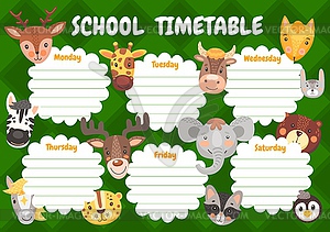 Cartoon cute animals, kids education timetable - vector image