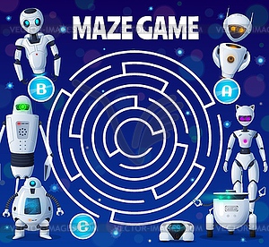 Kids labyrinth maze with robots and androids, game - vector image