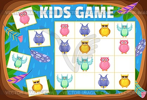 Kids sudoku game cartoon owls and owlets, tabletop - vector clipart