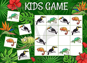 Kids sudoku game cartoon chameleons and toucans - vector image