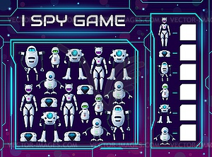 Загадка для детей, шпионская игра, мультяшные роботы и дроиды - иллюстрация в векторе