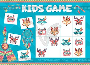 Kids sudoku game, cartoon Indian bear, rabbit, fox - vector EPS clipart