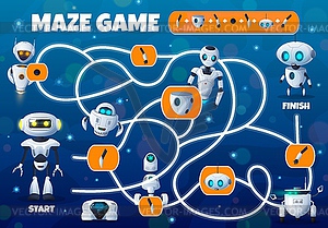 Cartoon robots, kids education maze game labyrinth - vector image