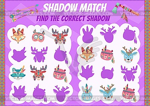 Cartoon Indian bear, fox. Kids shadow match game - stock vector clipart