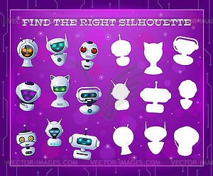 Find right robot silhouette, kids droids maze game - vector image