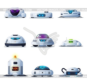 Vacuum cleaner robots, VCR droids set, robotic bot - vector clipart