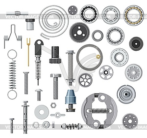 Bolt, screw, nut and washer, spring, gear - vector image