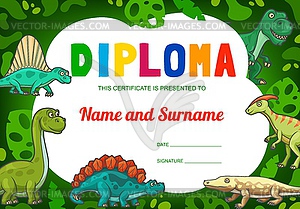 Kids diploma with cartoon dinosaur reptiles, dino - vector clipart