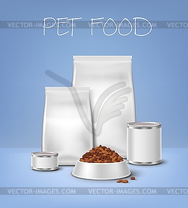 Pet food realistic packaging and feed bowl - vector image