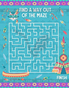 Kids labyrinth maze game, cartoon Indian animals - vector clipart