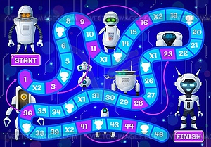 Kids board game with cartoon droids and robots - vector clip art