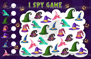 Kids spy game wizard and witch hats kids riddle - vector image