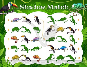 Kids shadow match game toucans and chameleons - vector clipart