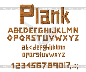 Wooden planks font letters, digits, symbols type - vector clip art