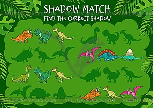 Find correct dinosaur shadow, kids game puzzle - vector image